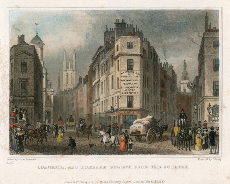 Cornhill and Lombard Street, London, from the Poultry by Thomas Hosmer Shepherd