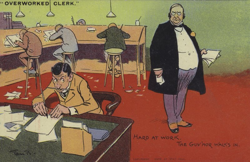 Overworked Clerk, Hard at Work, The Governor Walks In by Tom Browne
