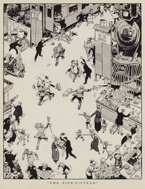 Commuters rushing to catch the 5.15 train about to leave the station by Tony Sarg