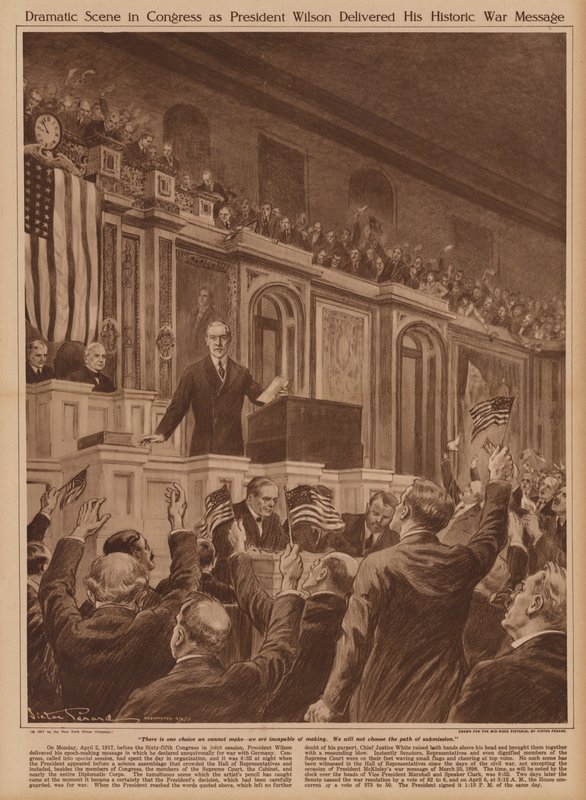 US President Woodrow Wilson asking Congress to declare war on Germany by V. Perard