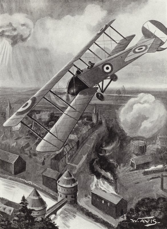 Second Lieutenant L A Strange bombing the railway junction at Courtrai, Belgium, World War I by W. Avis