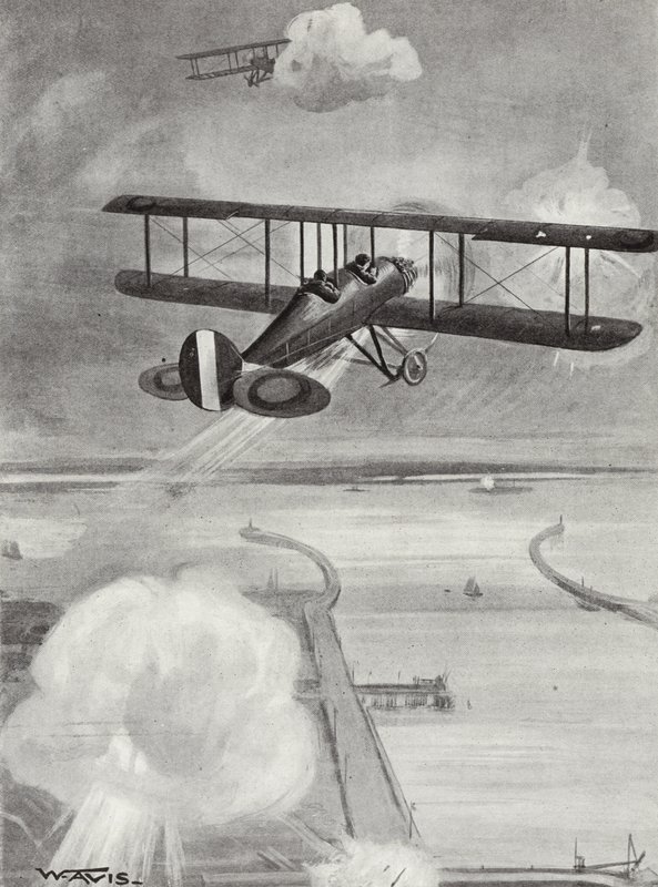 Squadron-Leader Richard Davies and Flight-Lieutenant Richard Peirse Dropping Bombs on the Submarine Station at Zeebrugge Under Heavy Fire, 23 January 1915 by W. Avis