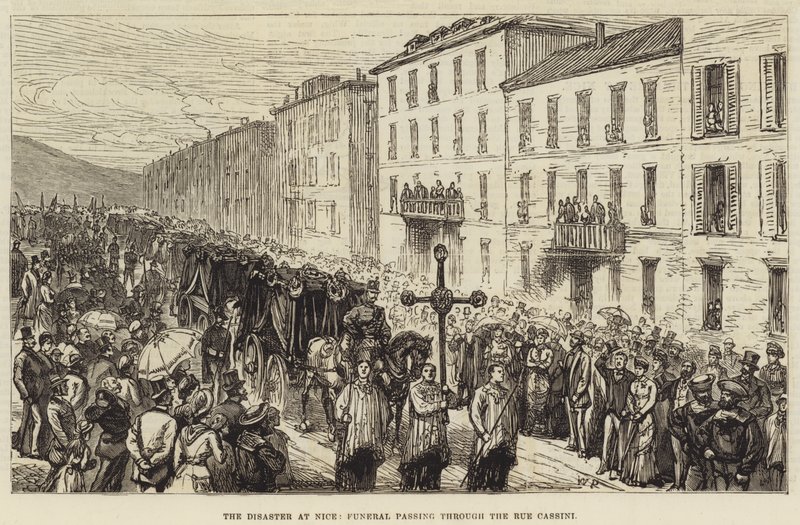 The Disaster at Nice, Funeral passing through the Rue Cassini by Walter Paget