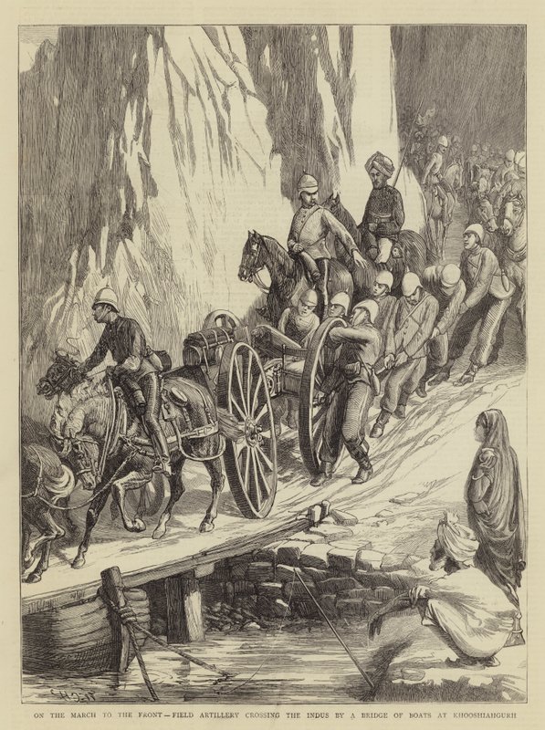 On the March to the Front, Field Artillery Crossing the Indus by a Bridge of Boats at Khooshiahgurh by Walter Charles Horsley