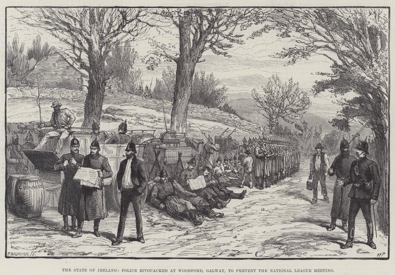 The State of Ireland, Police bivouacked at Woodford, Galway, to prevent the National League Meeting by Walter Paget