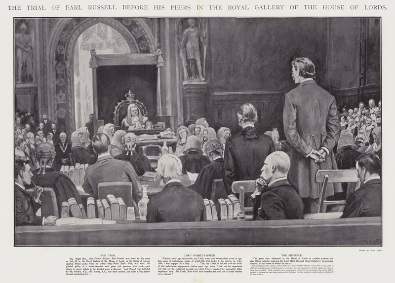 The Trial of Earl Russell Before His Peers in the Royal Gallery of the House of Lords, Westminster (litho) by Walter Paget