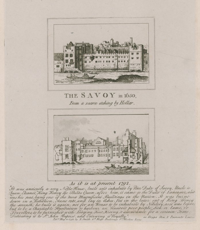 The Savoy in 1650 and as it is at Present in 1792 by Wenceslaus Hollar