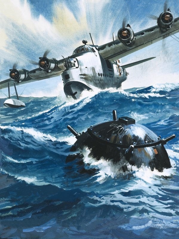 As Flying Officer G. O. Singleton gunned the engine of the Short Sunderland he saw a drifting mine by Wilf (20th century) Hardy