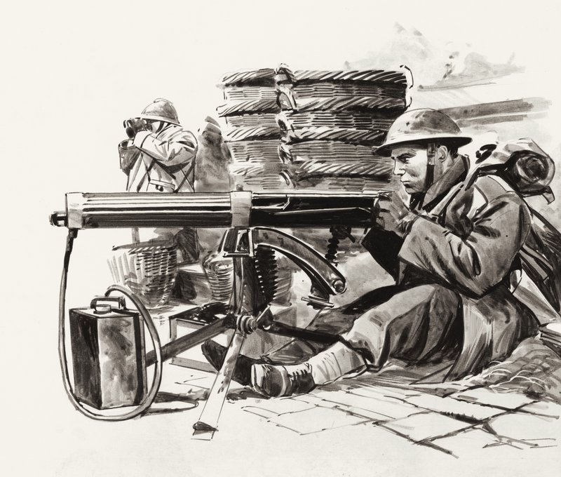 British machine gunner waiting for the Germans outside Dunkirk by Wilf (20th century) Hardy