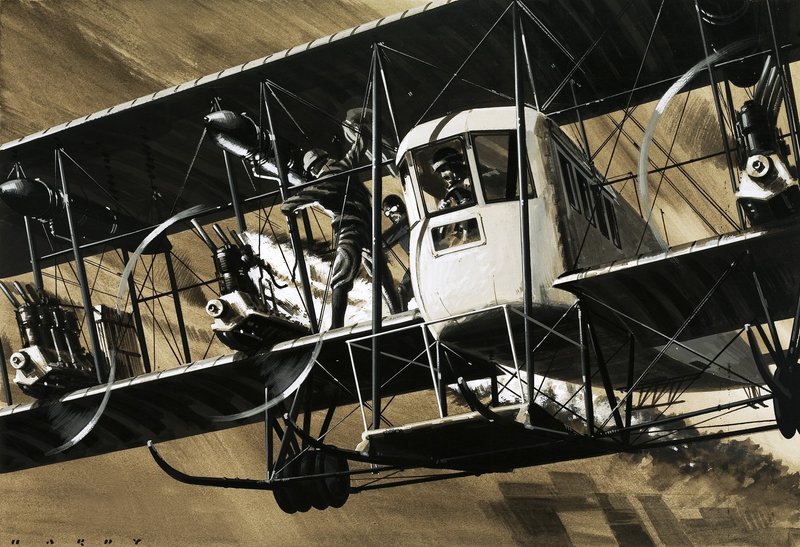 Two crewmen amid the wires and struts of an Ilia Mourometz II bomber putting out an engine fire by Wilf (20th century) Hardy
