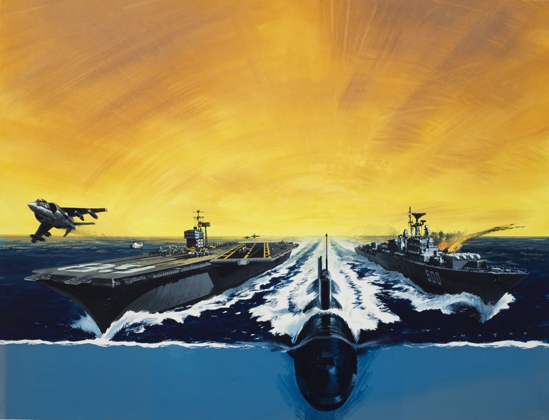 Warships and Submarine by Wilf (20th century) Hardy