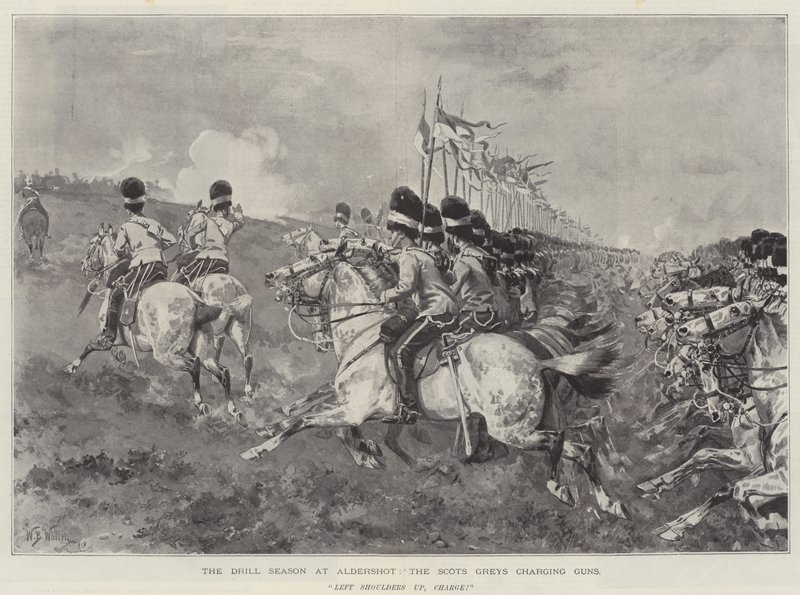 The Drill Season at Aldershot, the Scots Greys Charging Guns by William Barnes Wollen