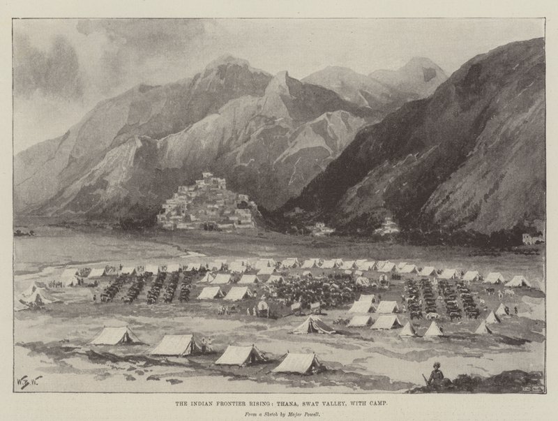 The Indian Frontier Rising, Thana, Swat Valley, with Camp by William Barnes Wollen