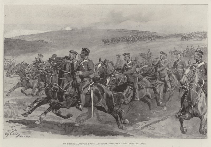 The Military Manoeuvres in Wilts and Dorset, Corps Artillery galloping into Action by William Barnes Wollen