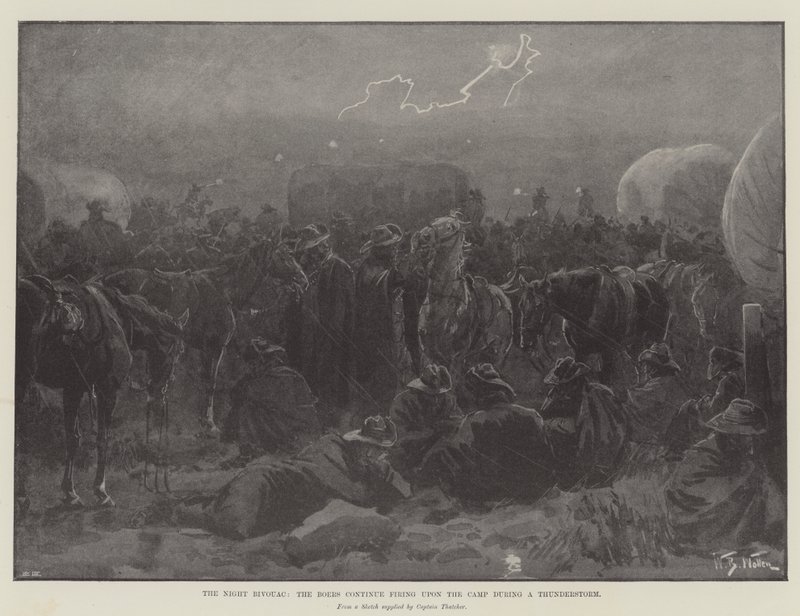 The Night Bivouac, the Boers continue firing upon the Camp during a Thunderstorm by William Barnes Wollen