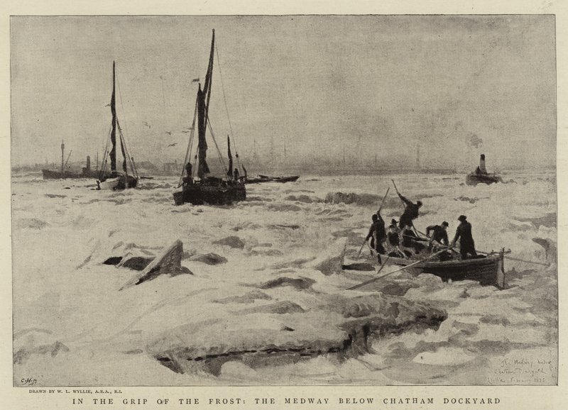 In the Grip of the Frost, the Medway below Chatham Dockyard by William Lionel Wyllie