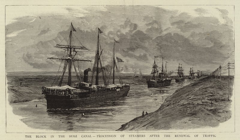 The Block in the Suez Canal, Procession of Steamers after the Renewal of Traffic by William Lionel Wyllie