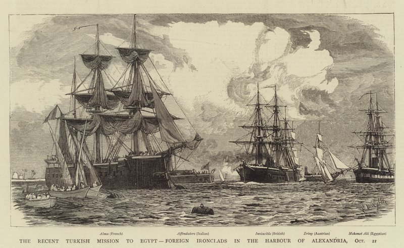 The Recent Turkish Mission to Egypt, Foreign Ironclads in the Harbour of Alexandria, 21 October by William Lionel Wyllie