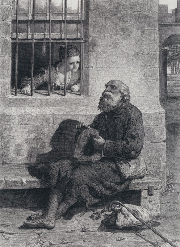 The interview between Miss Wardour and Edie Ochiltree at the grated window of the flagged parlour by William (after) McTaggart