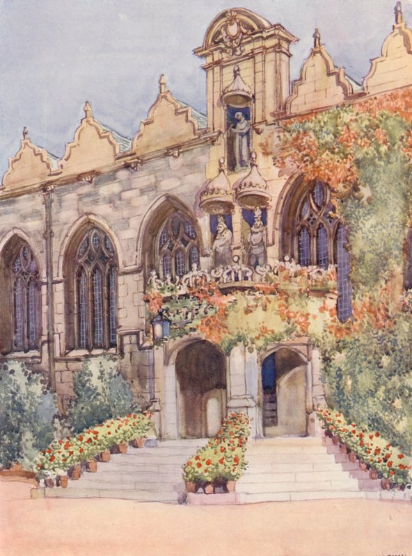 Entrance to Oriel College Hall, showing statues of the Virgin and Child, Edward II, the nominal founder of the college, and Charles I, in whose reign the hall was built by William Ainsworth Wildman