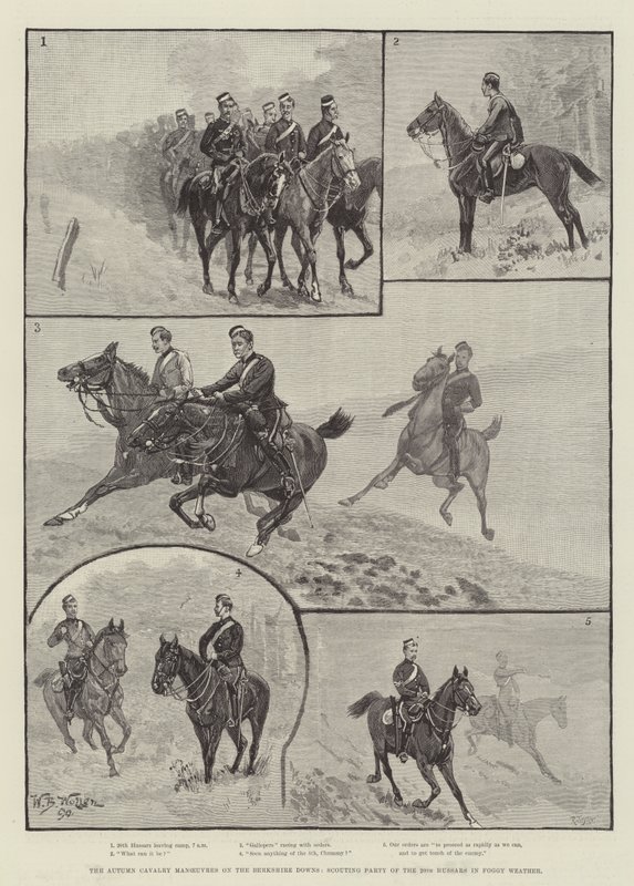 The Autumn Cavalry Manoeuvres on the Berkshire Downs, Scouting Party of the 20th Hussars in Foggy Weather by William Barnes Wollen