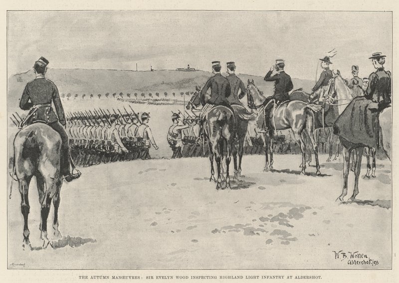 The Autumn Manoeuvres, Sir Evelyn Wood inspecting Highland Light Infantry at Aldershot by William Barnes Wollen