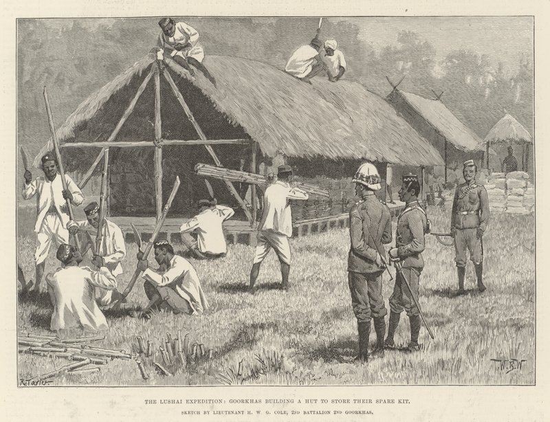 The Lushai Expedition, Goorkhas building a Hut to store their Spare Kit by William Barnes Wollen
