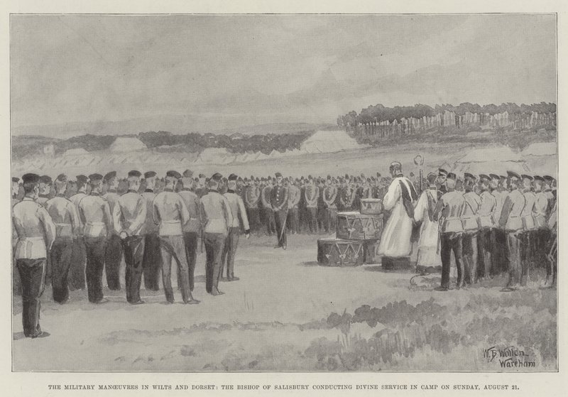 The Military Manoeuvres in Wilts and Dorset, the Bishop of Salisbury conducting Divine Service in Camp on Sunday, 21 August by William Barnes Wollen