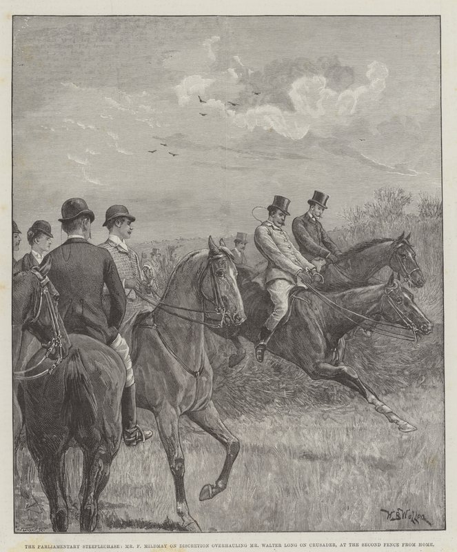 The Parliamentary Steeplechase, Mr. F. Mildmay on Discretion Overhauling Mr. Walter Long on Crusader, at the Second Fence from Home by William Barnes Wollen