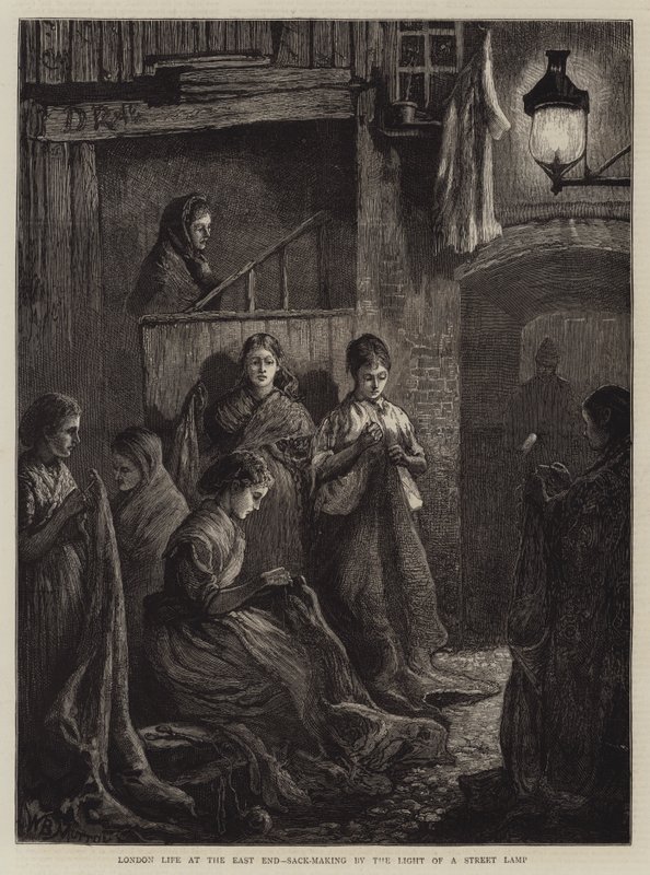 London Life at the East End, Sack-Making by the Light of a Street Lamp by William Bazett Murray