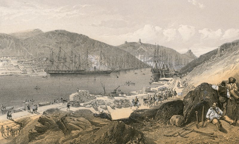 Balaklava showing the state of the quays and the shipping, in May 1855 by William Crimea Simpson