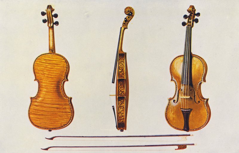 Musical instruments: Violin, the Hellier Stradivarius, and two old bows noted for the fluting by William Gibb