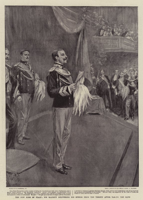 The New King of Italy, His Majesty delivering his Speech from the Throne after taking the Oath by William Hatherell