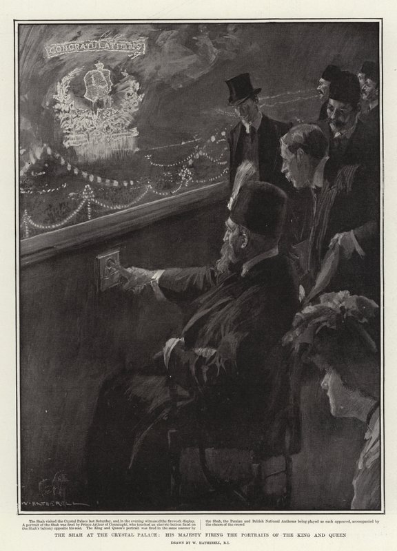 The Shah at the Crystal Palace, His Majesty Firing the Portraits of the King and Queen by William Hatherell