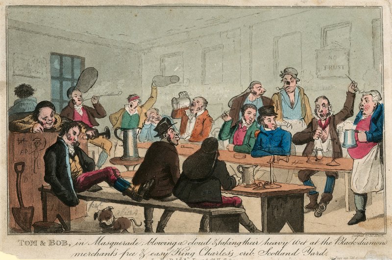 Tom and Bob in masquerade, blowing a cloud of and taking their heavy wet by William Heath