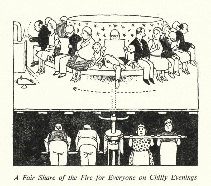 A Fair Share of the Fire for Everyone on Chilly Evenings by William Heath Robinson