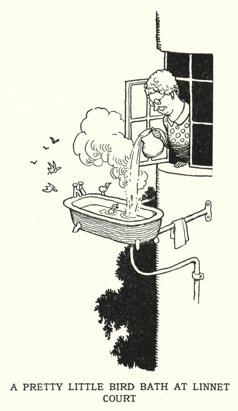 A Pretty Little Bird Bath at Linnet Court by William Heath Robinson