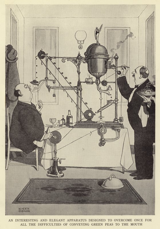 An interesting and elegant apparatus designed to overcome once for all the difficulties of conveying green peas to the mouth by William Heath Robinson