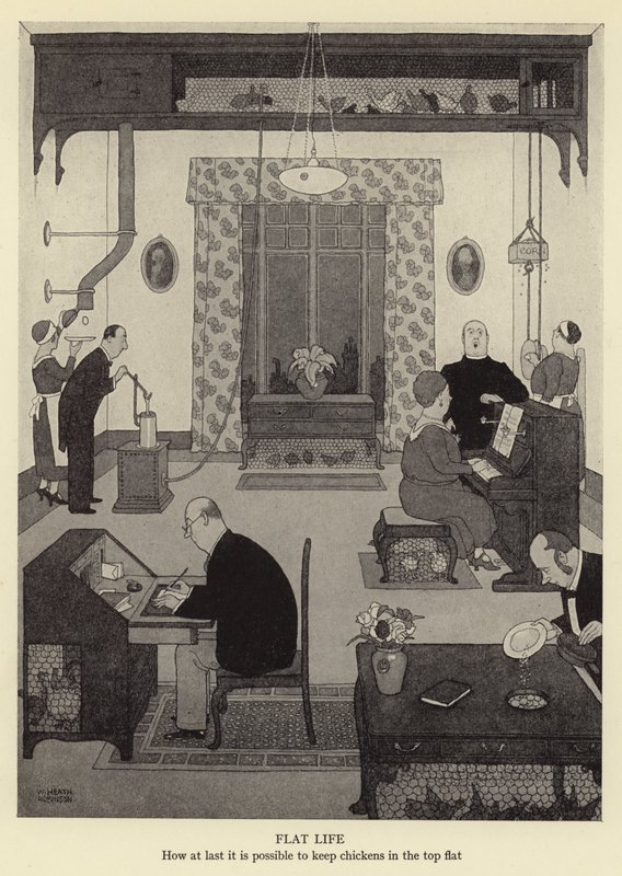 Flat life, how at last it is possible to keep chickens in the top flat by William Heath Robinson