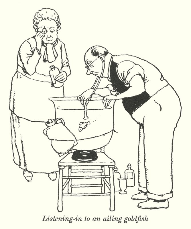 Listening-in to an ailing goldfish by William Heath Robinson