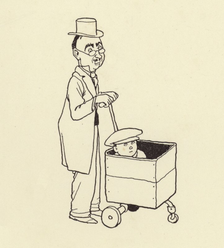 Man Pushing Boy in a Box by William Heath Robinson