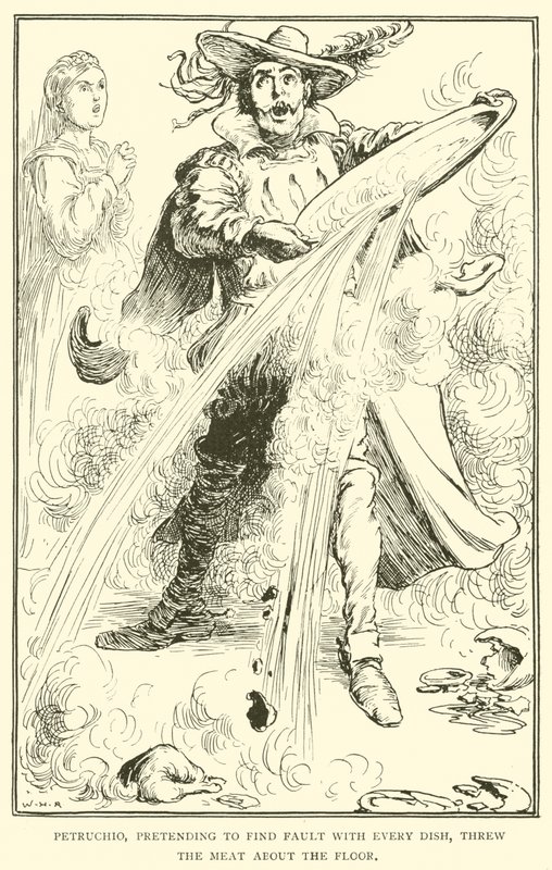 Petruchio, pretending to find fault with every dish, threw the meat about the floor by William Heath Robinson