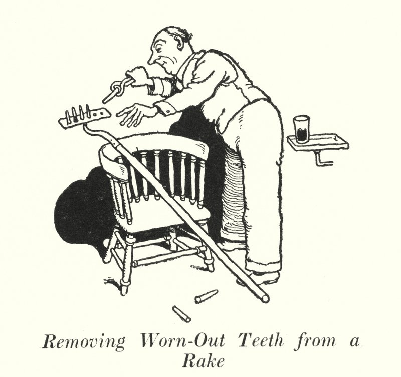 Removing Worn-Out Teeth from a Rake (lithograph) by William Heath Robinson