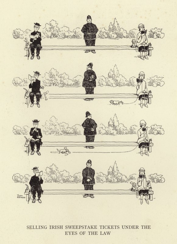 Selling Irish sweepstake tickets under the eyes of the law by William Heath Robinson
