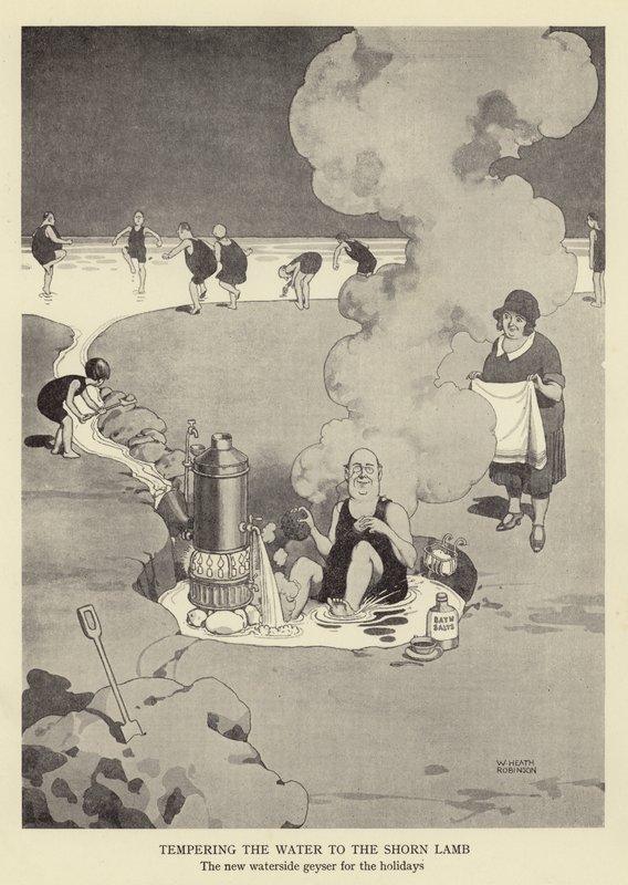 Tempering the water to the shorn lamb, the new waterside geyser for the holidays by William Heath Robinson