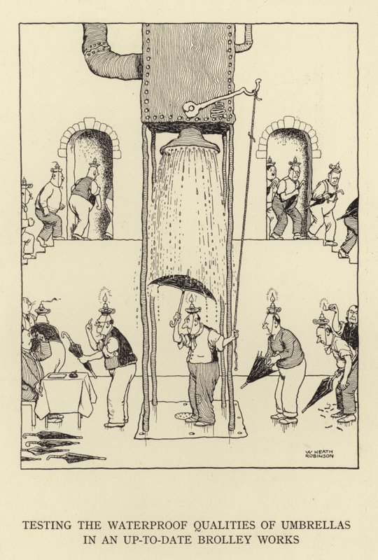 Testing the waterproof qualities of umbrellas in an up-to-date Brolley Works by William Heath Robinson