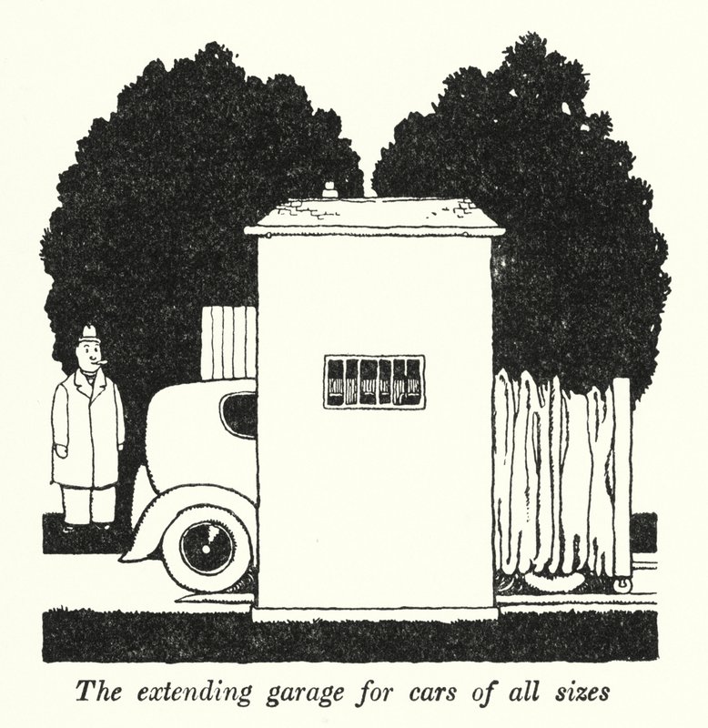 The Extending Garage for Cars of All Sizes by William Heath Robinson