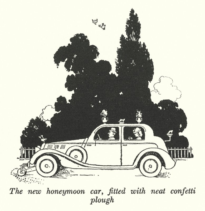 The new honeymoon car, fitted with neat confetti plough by William Heath Robinson