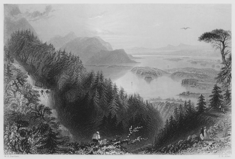 The Lower and Torc Lakes, Killarney, from Torc Waterfall by William Henry (after) Bartlett
