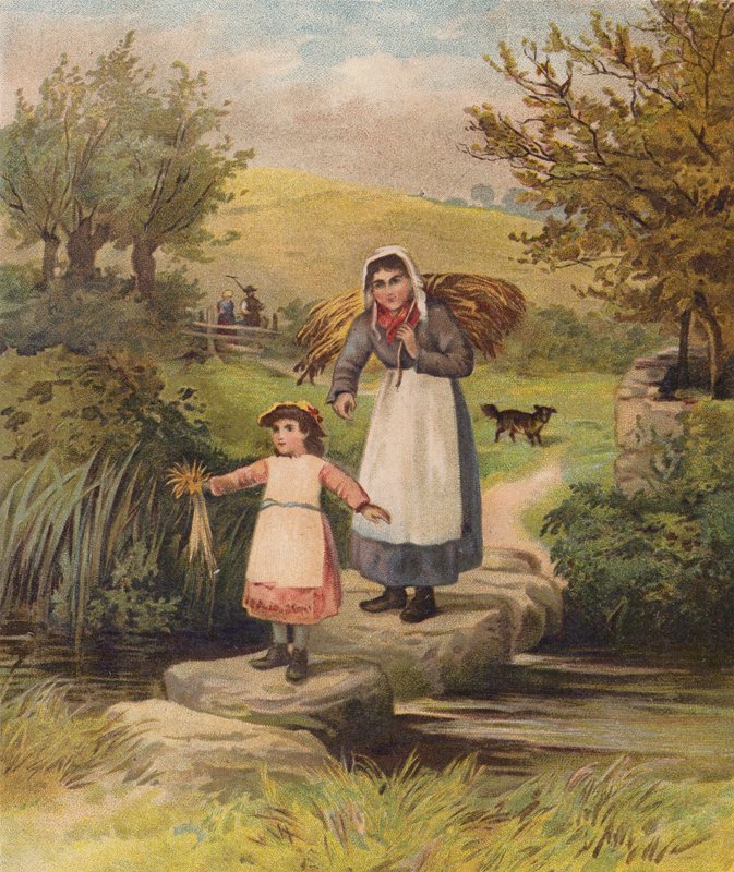 Woman and Girl Crossing a Stream Over Stepping Stones by William Henry James (after) Boot